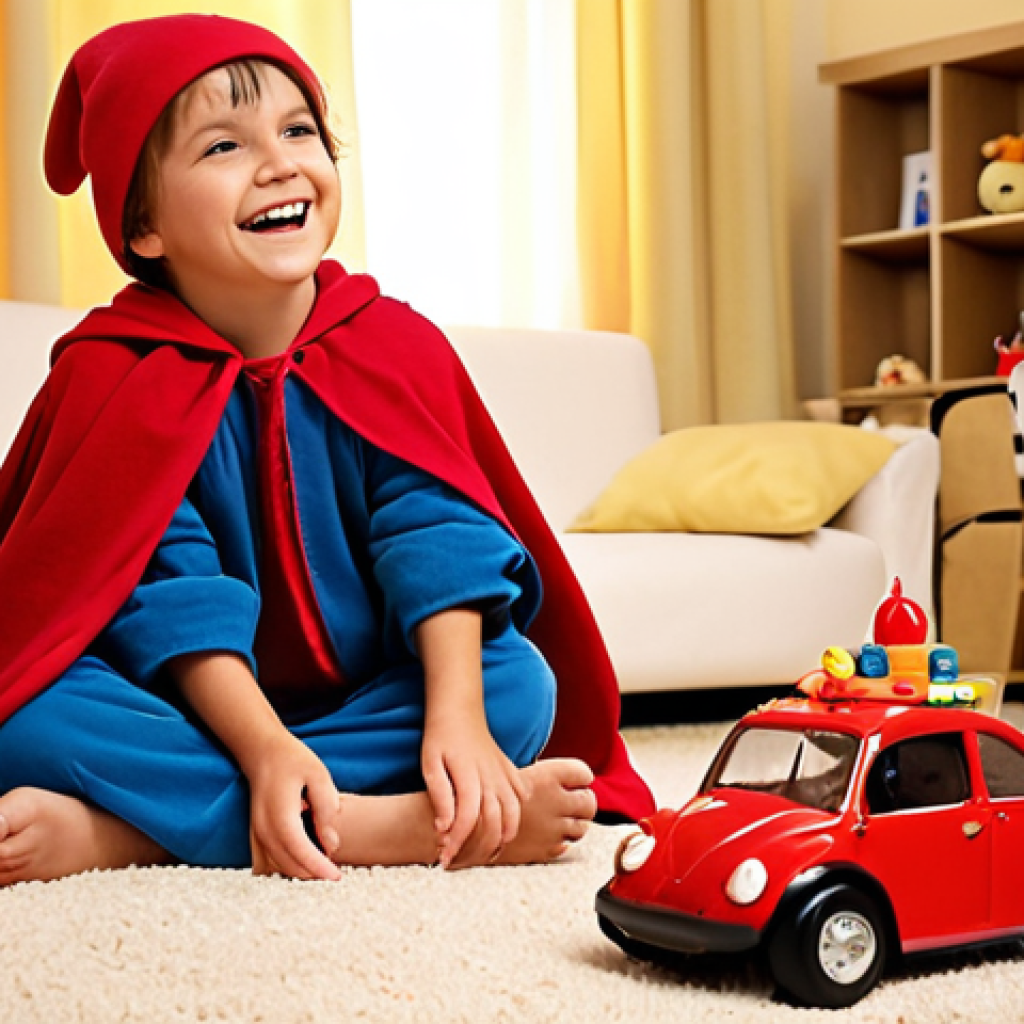 A young child, around 5-7 years old, playing in a cozy living room, surrounded by toys and perhaps wearing a playful costume (e.g., a cape or hat). The child is enthusiastically "presenting" a favorite toy or telling a story with animated gestures and a bright smile, having overcome initial shyness. A parent or guardian is subtly in the background, smiling warmly and listening attentively, conveying encouragement and a safe, playful environment. Soft, warm lighting, emphasizing the comfort and joy of the scene. The overall mood is one of discovery, growth, and the blossoming of a child's voice through play.