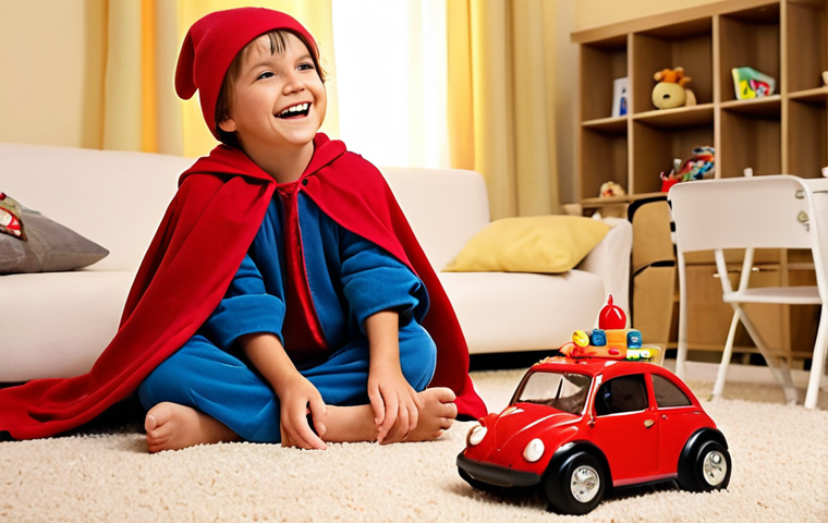A young child, around 5-7 years old, playing in a cozy living room, surrounded by toys and perhaps wearing a playful costume (e.g., a cape or hat). The child is enthusiastically "presenting" a favorite toy or telling a story with animated gestures and a bright smile, having overcome initial shyness. A parent or guardian is subtly in the background, smiling warmly and listening attentively, conveying encouragement and a safe, playful environment. Soft, warm lighting, emphasizing the comfort and joy of the scene. The overall mood is one of discovery, growth, and the blossoming of a child's voice through play.
