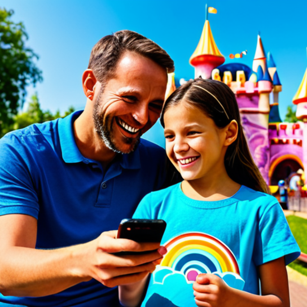 A happy family, consisting of a mother, father, and two children, fully clothed in modest, comfortable, and colorful park attire, gathered around a smartphone displaying an interactive theme park map. They are standing in a vibrant, magical theme park environment, with classic rides and fantastical architecture visible in the background. The father is pointing at the screen, smiling, while the children look on with excitement and curiosity. The scene is bathed in bright, natural light, capturing the joyful anticipation of a day of fun. safe for work, appropriate content, fully clothed, family-friendly, perfect anatomy, correct proportions, natural pose, well-formed hands, proper finger count, natural body proportions, professional photography, high quality.