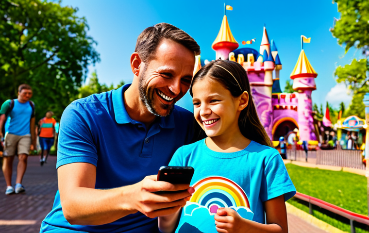 A happy family, consisting of a mother, father, and two children, fully clothed in modest, comfortable, and colorful park attire, gathered around a smartphone displaying an interactive theme park map. They are standing in a vibrant, magical theme park environment, with classic rides and fantastical architecture visible in the background. The father is pointing at the screen, smiling, while the children look on with excitement and curiosity. The scene is bathed in bright, natural light, capturing the joyful anticipation of a day of fun. safe for work, appropriate content, fully clothed, family-friendly, perfect anatomy, correct proportions, natural pose, well-formed hands, proper finger count, natural body proportions, professional photography, high quality.
