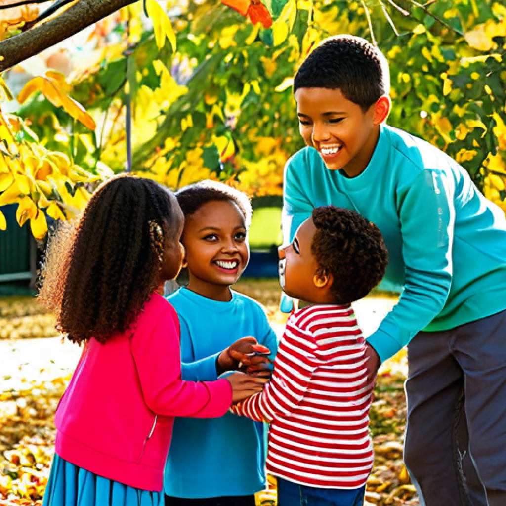 A diverse group of happy young children, approximately 5-7 years old, are actively engaged in cooperative play outdoors. They are building a large, imaginative fort using natural materials like sturdy tree branches and autumn leaves in a vibrant, sunlit park. Children are dressed in modest, comfortable, brightly colored play clothes. Their faces express joy, concentration, and teamwork, with natural smiles and genuine interaction. One child points collaboratively, another hands a branch to a friend. The scene is full of natural light and soft, diffused sunlight. Perfect anatomy, correct proportions, natural pose, well-formed hands, proper finger count, natural body proportions. Professional photography, high quality, vibrant colors, clear focus. Fully clothed, appropriate attire, modest clothing, family-friendly, safe for work, appropriate content.