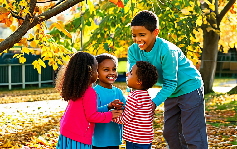 A diverse group of happy young children, approximately 5-7 years old, are actively engaged in cooperative play outdoors. They are building a large, imaginative fort using natural materials like sturdy tree branches and autumn leaves in a vibrant, sunlit park. Children are dressed in modest, comfortable, brightly colored play clothes. Their faces express joy, concentration, and teamwork, with natural smiles and genuine interaction. One child points collaboratively, another hands a branch to a friend. The scene is full of natural light and soft, diffused sunlight. Perfect anatomy, correct proportions, natural pose, well-formed hands, proper finger count, natural body proportions. Professional photography, high quality, vibrant colors, clear focus. Fully clothed, appropriate attire, modest clothing, family-friendly, safe for work, appropriate content.