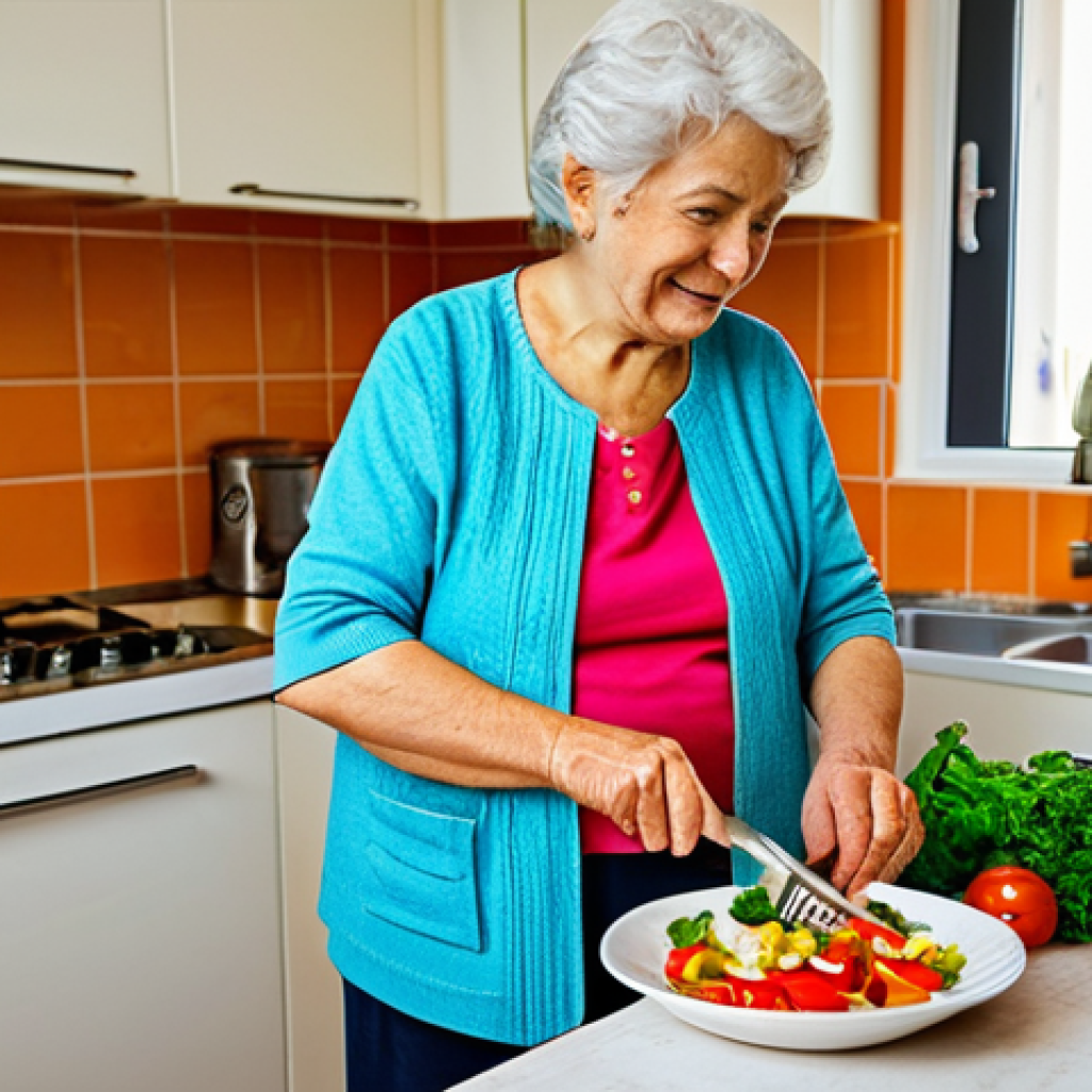 Healthy Eating in Old Age**

"A vibrant senior woman in her kitchen, preparing a colorful salad with fresh vegetables and grilled fish, fully clothed, modest clothing, safe for work, appropriate content, well-lit kitchen, natural light, perfect anatomy, correct proportions, professional food photography, high quality, family-friendly."

**
