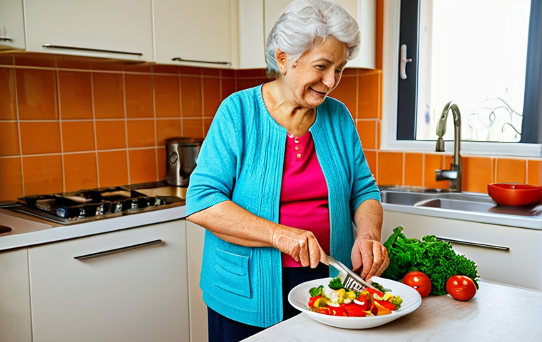Healthy Eating in Old Age**

"A vibrant senior woman in her kitchen, preparing a colorful salad with fresh vegetables and grilled fish, fully clothed, modest clothing, safe for work, appropriate content, well-lit kitchen, natural light, perfect anatomy, correct proportions, professional food photography, high quality, family-friendly."

**