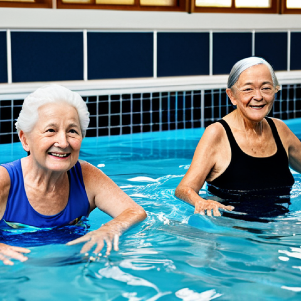 노인 스포츠 프로그램 - "A group of fully clothed senior citizens participating in a water aerobics class in an indoor pool,...
