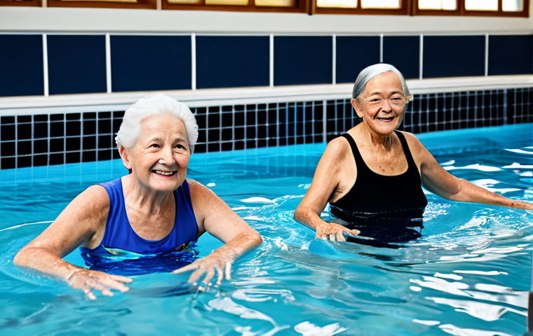 노인 스포츠 프로그램 - "A group of fully clothed senior citizens participating in a water aerobics class in an indoor pool,...