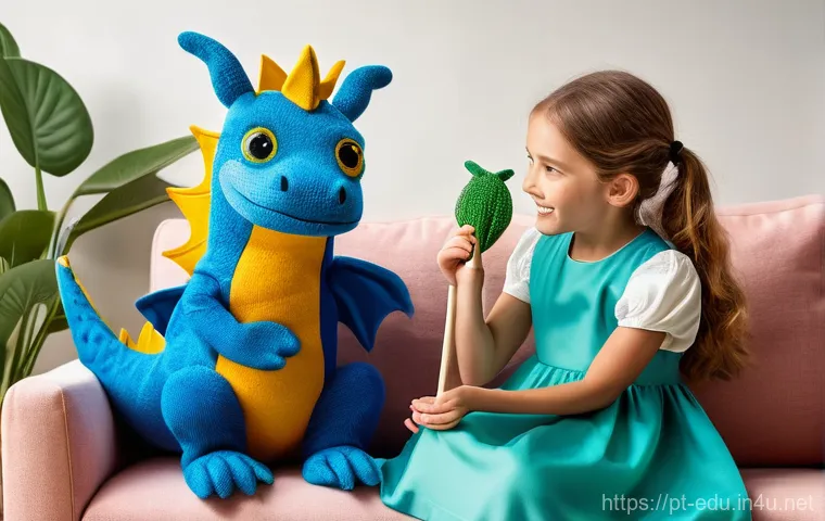 어린이 인형극 - **A Spark of Imagination:**
    A vibrant, medium shot image of a cheerful 7-year-old girl with brig...