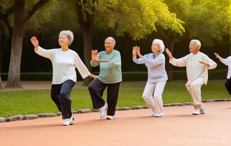 노인 생활 체육 - **Image Prompt 1: Tranquil Morning Tai Chi in a Portuguese Park**
    "A diverse group of cheerful s...