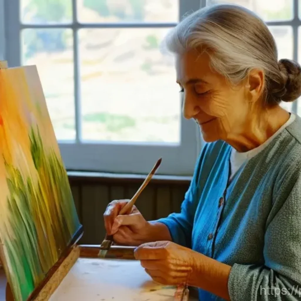 시니어 미술 전시회 - **Prompt:** A serene, elderly Portuguese woman, with kind eyes and a warm smile, deeply focused on h...