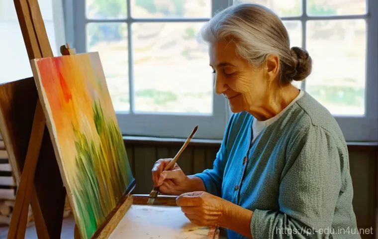 시니어 미술 전시회 - **Prompt:** A serene, elderly Portuguese woman, with kind eyes and a warm smile, deeply focused on h...
