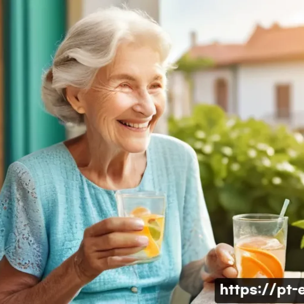 시니어 건강한 식생활 - **Prompt: Hydration and Vitality**
"A cheerful elderly woman, with soft, kind eyes and a gentle ...