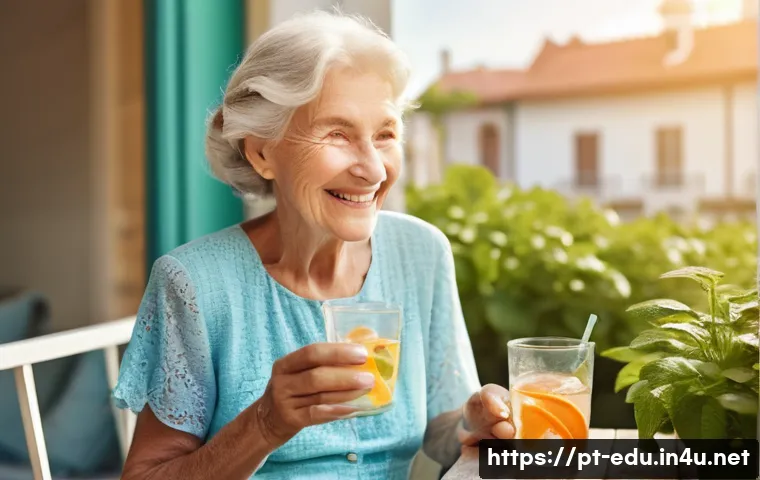 시니어 건강한 식생활 - **Prompt: Hydration and Vitality**
    "A cheerful elderly woman, with soft, kind eyes and a gentle ...