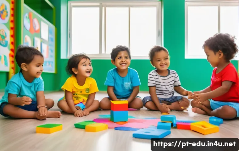 어린이 커리큘럼 - A vibrant classroom scene in a Brazilian early childhood education center, showing a diverse group o...