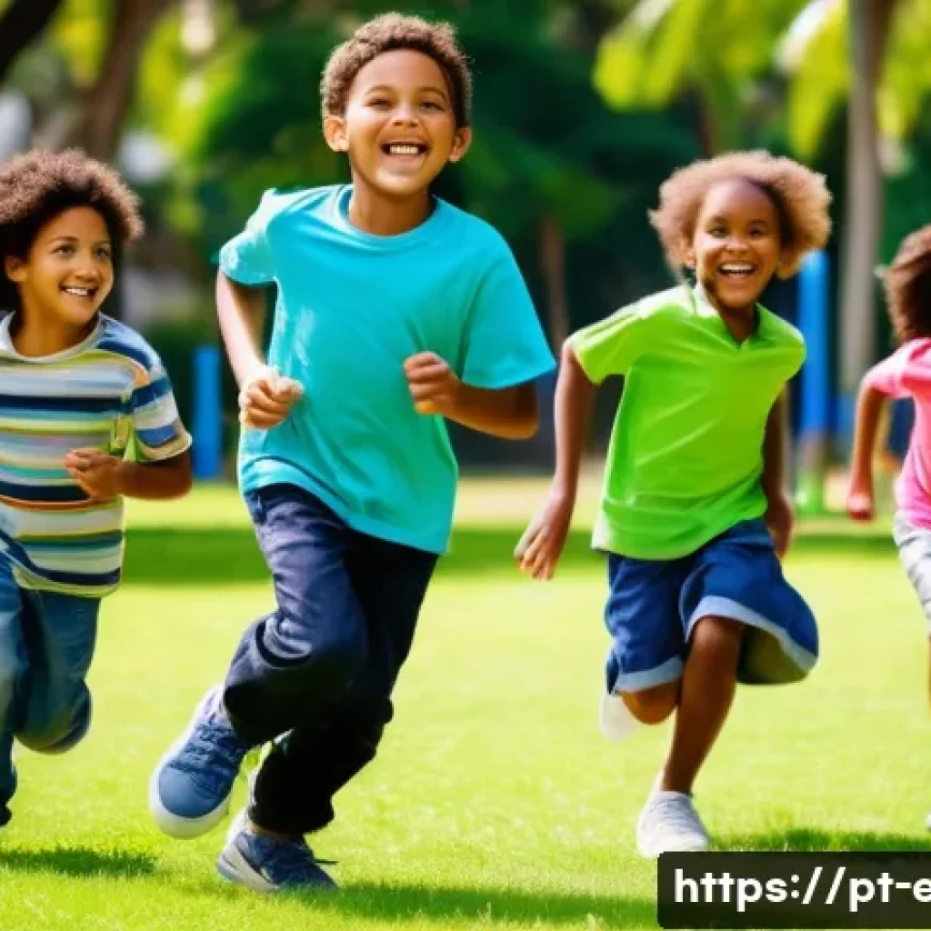 아이들의 발달적 놀이 - A lively outdoor scene in a sunny urban park in Brazil, showing a diverse group of children aged aro...