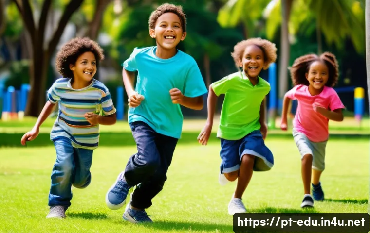아이들의 발달적 놀이 - A lively outdoor scene in a sunny urban park in Brazil, showing a diverse group of children aged aro...