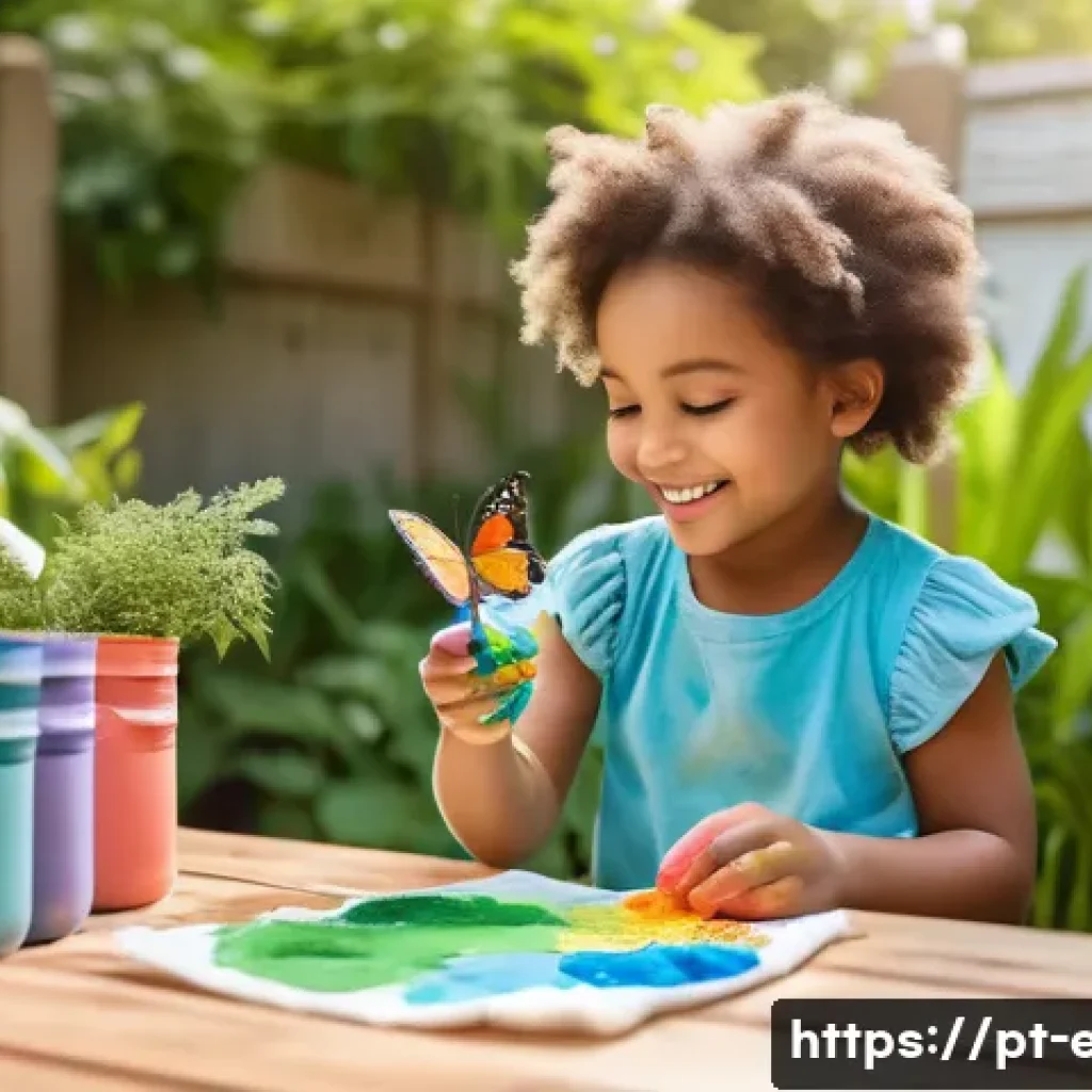 어린이 바디페인팅 - A cheerful outdoor scene in a sunny backyard where a young child wearing a colorful diaper sits at a...