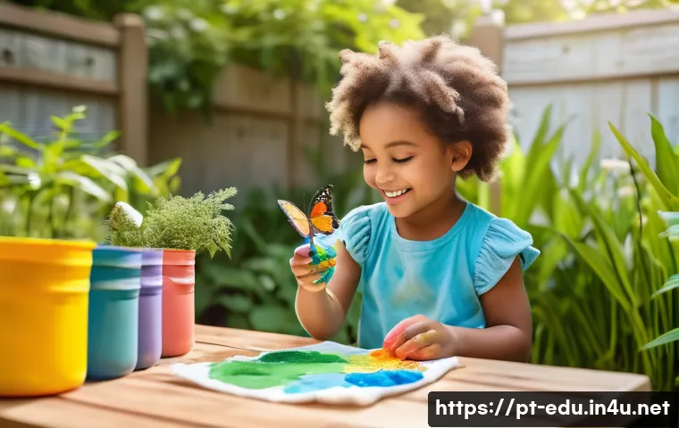 어린이 바디페인팅 - A cheerful outdoor scene in a sunny backyard where a young child wearing a colorful diaper sits at a...