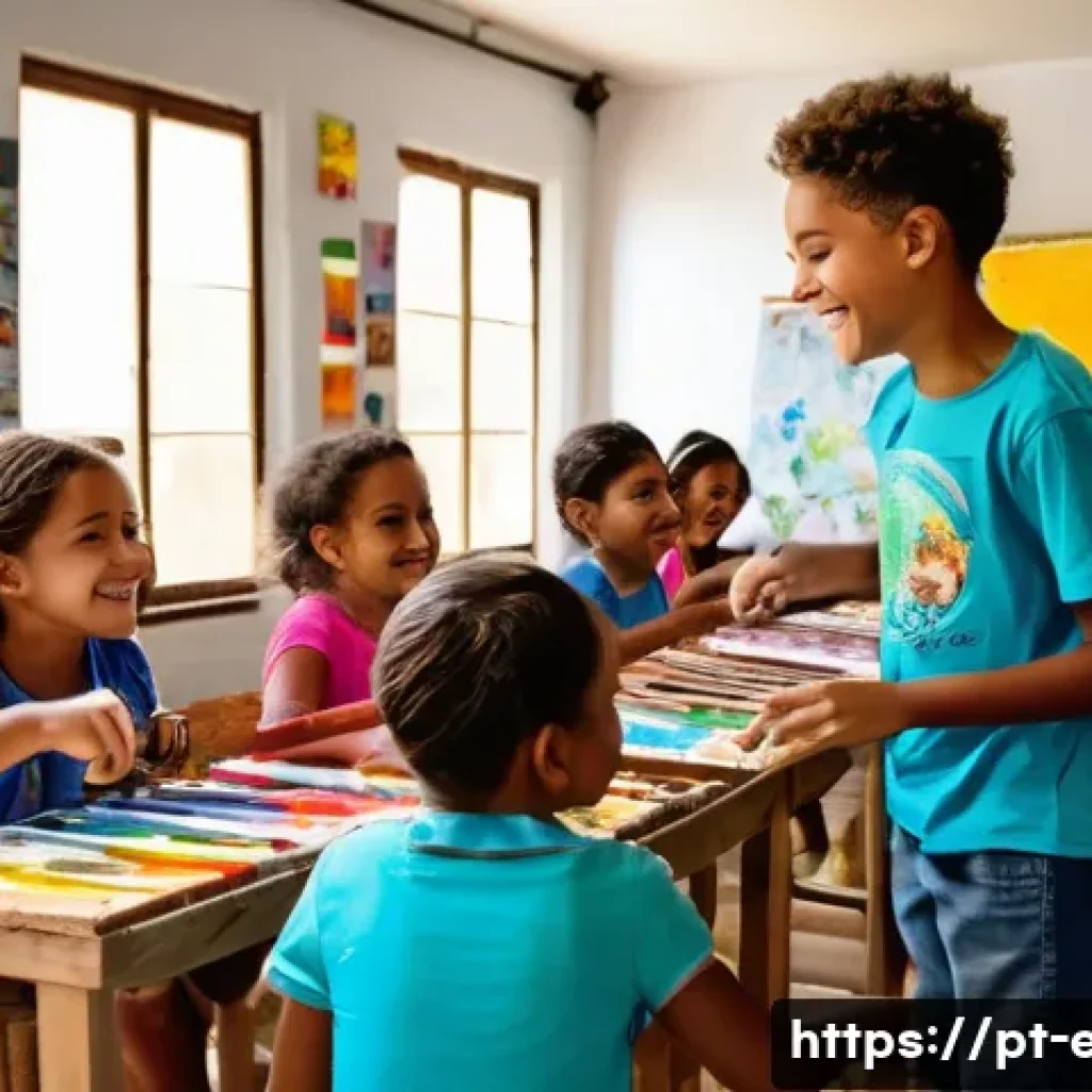어린이 문화예술 교육 - A lively classroom scene in Brazil with diverse children aged around 7-10, all wearing colorful casu...