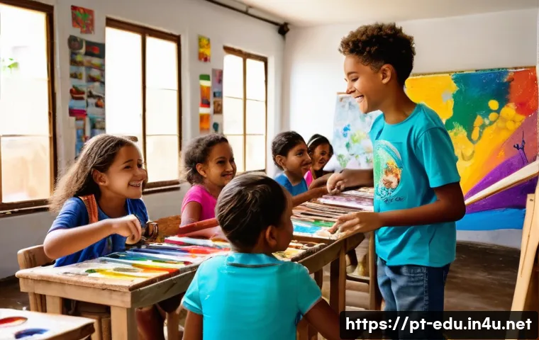 어린이 문화예술 교육 - A lively classroom scene in Brazil with diverse children aged around 7-10, all wearing colorful casu...