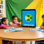 Home 22 어린이 외국어 교육 - A bright and colorful classroom scene in Brazil featuring young children around 6-8 years old engage...