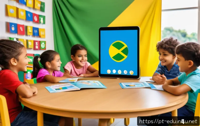 어린이 외국어 교육 - A bright and colorful classroom scene in Brazil featuring young children around 6-8 years old engage...