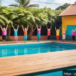 Home 20 시니어 커뮤니티 활동 - A vibrant community center in Brazil filled with joyful elderly people engaging in a group hydro-gym...