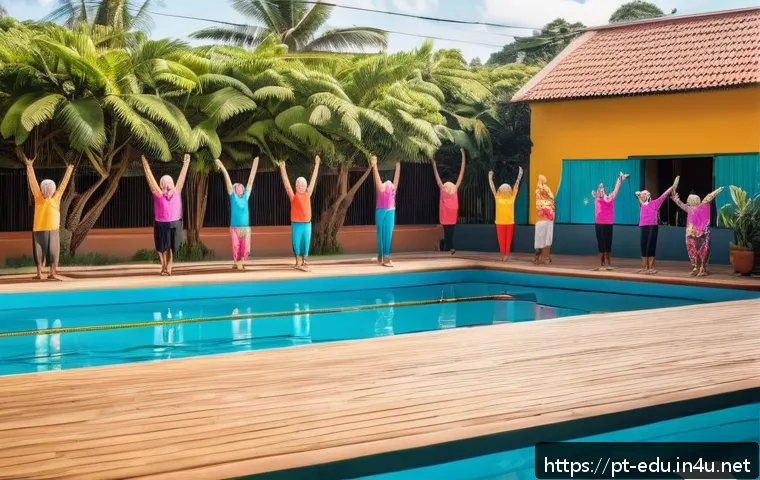 시니어 커뮤니티 활동 - A vibrant community center in Brazil filled with joyful elderly people engaging in a group hydro-gym...