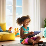 Home 19 아동 문학 프로그램 - A joyful young girl wearing colorful underwear is sitting cross-legged in a bright, modern living ro...