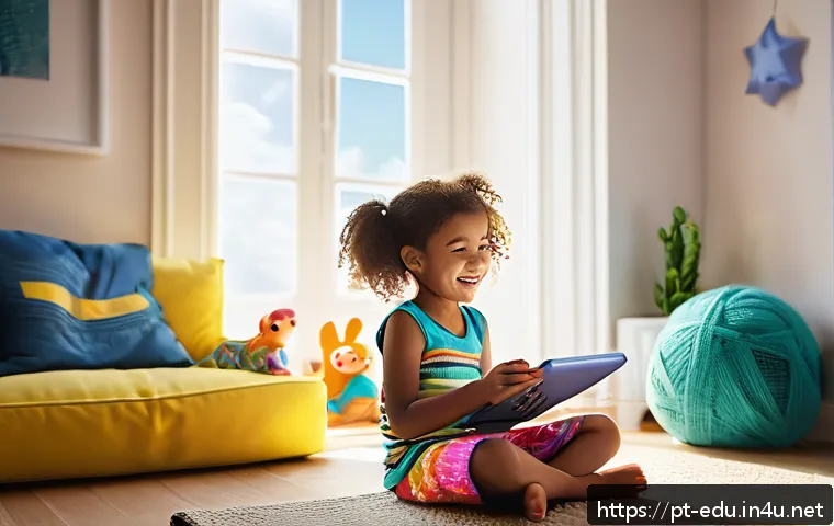 아동 문학 프로그램 - A joyful young girl wearing colorful underwear is sitting cross-legged in a bright, modern living ro...