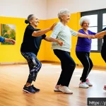 Home 18 시니어 댄스 클래스 - A vibrant community dance class for elderly Brazilian participants in a bright, spacious studio with...