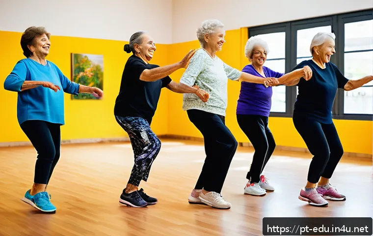 시니어 댄스 클래스 - A vibrant community dance class for elderly Brazilian participants in a bright, spacious studio with...