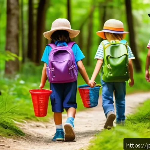 Home 17 아동 체험학습 프로그램 - A group of diverse children aged 4 to 12, wearing colorful outdoor clothing and sturdy shoes, happil...