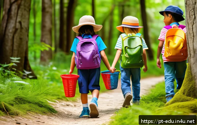 아동 체험학습 프로그램 - A group of diverse children aged 4 to 12, wearing colorful outdoor clothing and sturdy shoes, happil...
