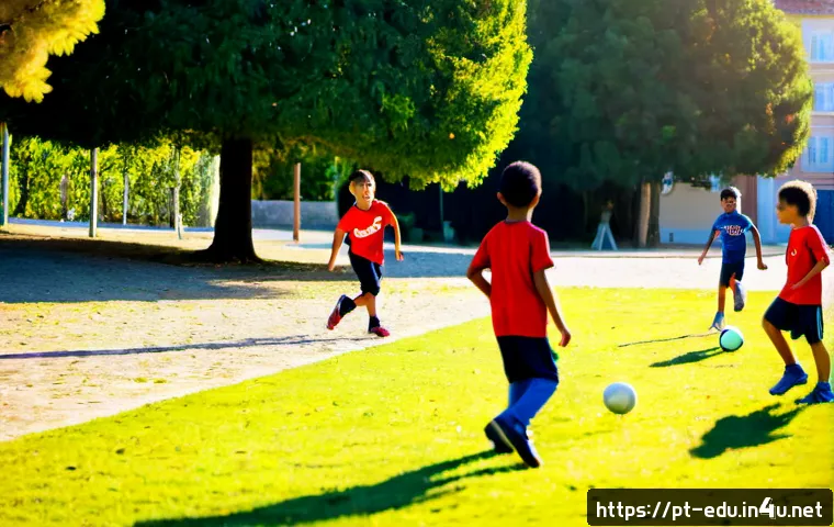 아이들의 여가 활동 - Photorealistic sunny afternoon in a Portuguese neighborhood park, diverse children ages 7–11 playing...
