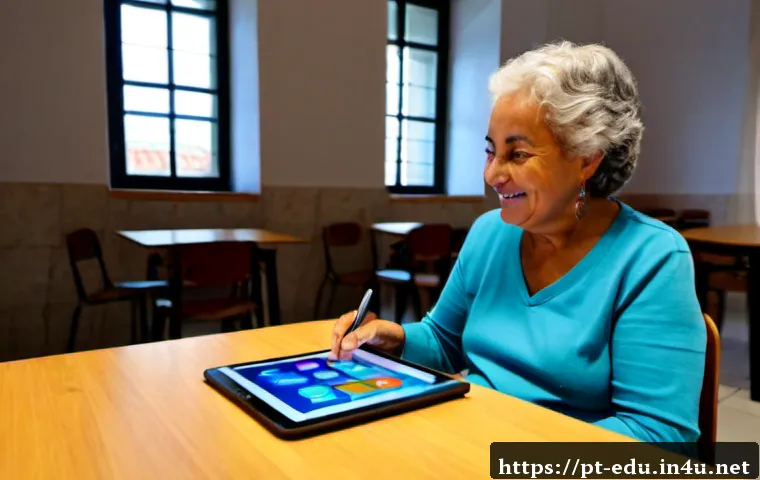 시니어 디지털 교육 - Photorealistic senior digital education workshop in a bright community center in Portugal, friendly ...