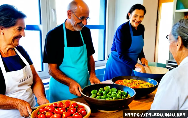 시니어 요리 클래스 - Photorealistic senior cooking class in a bright community kitchen in Portugal, diverse elderly adult...