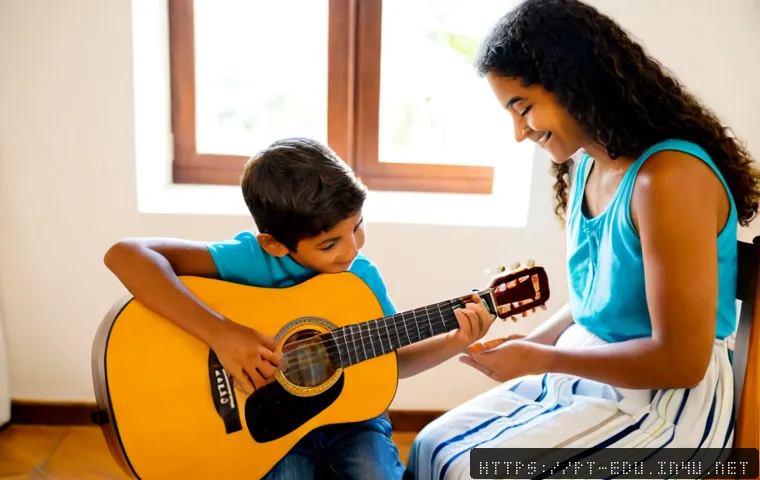 Home 17 어린이 악기 배우기 - Photorealistic Brazilian child around eight years old learning acoustic guitar with a patient adult ...