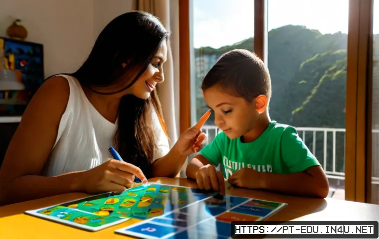 아동 영어 교육 - Photorealistic Brazilian mother and young child practicing English vocabulary at a bright home learn...